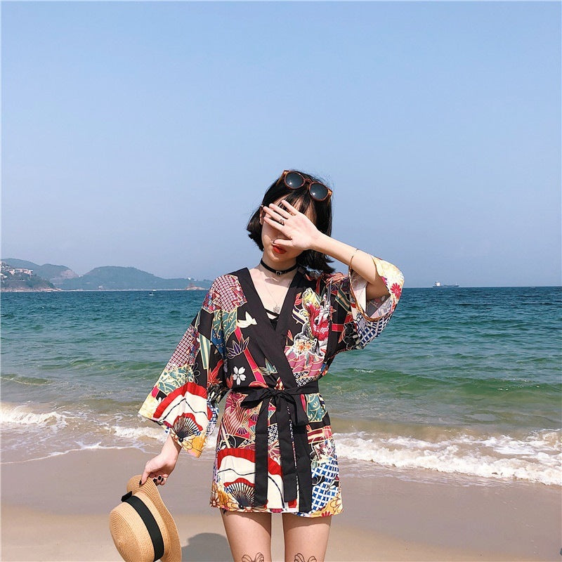 Loose Street Sun Protection Clothing Middle Sleeve Graffiti Kimono Travel Thin Coat