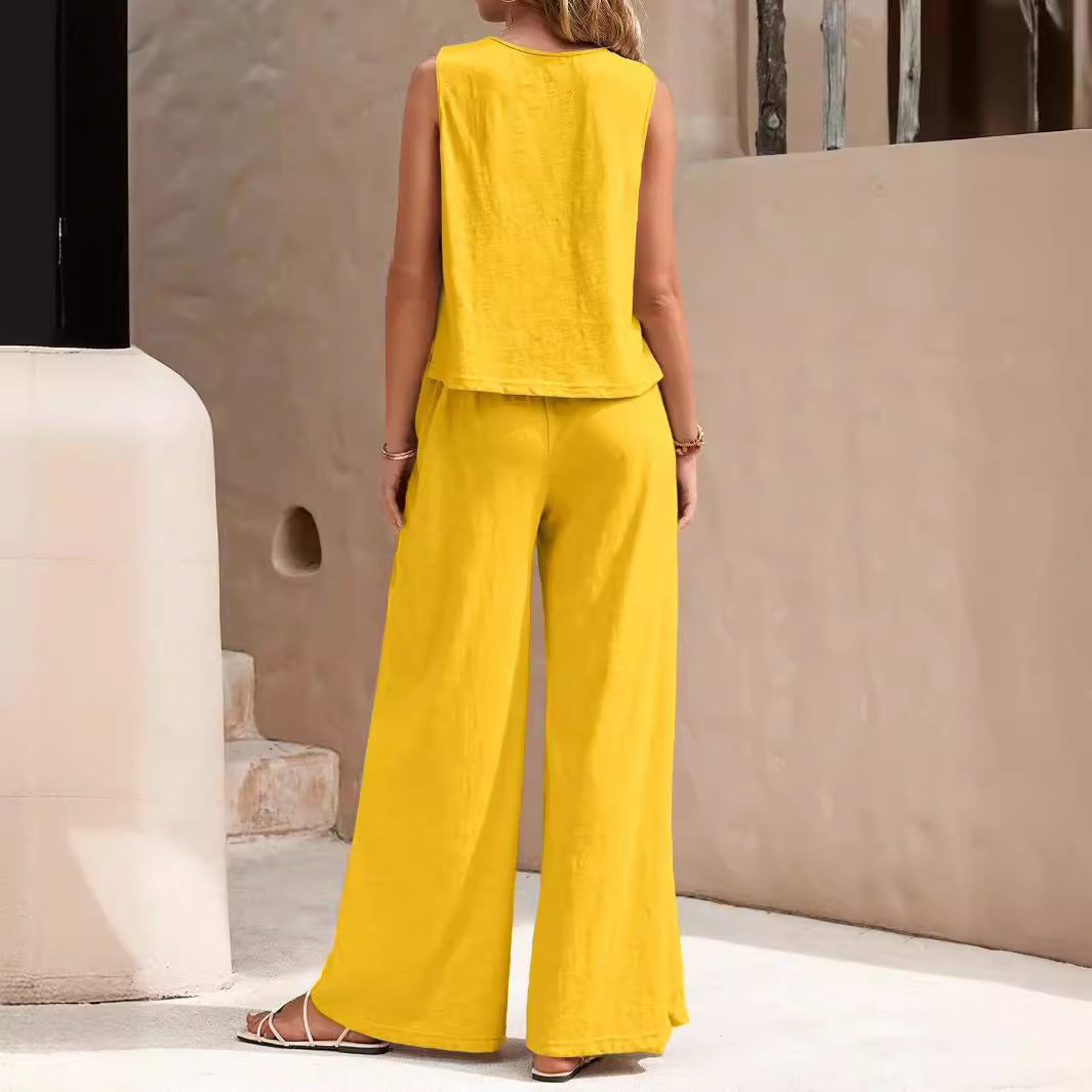 Summer Solid Color Casual Loose Pants & Suit Two Pieces Sets For Women