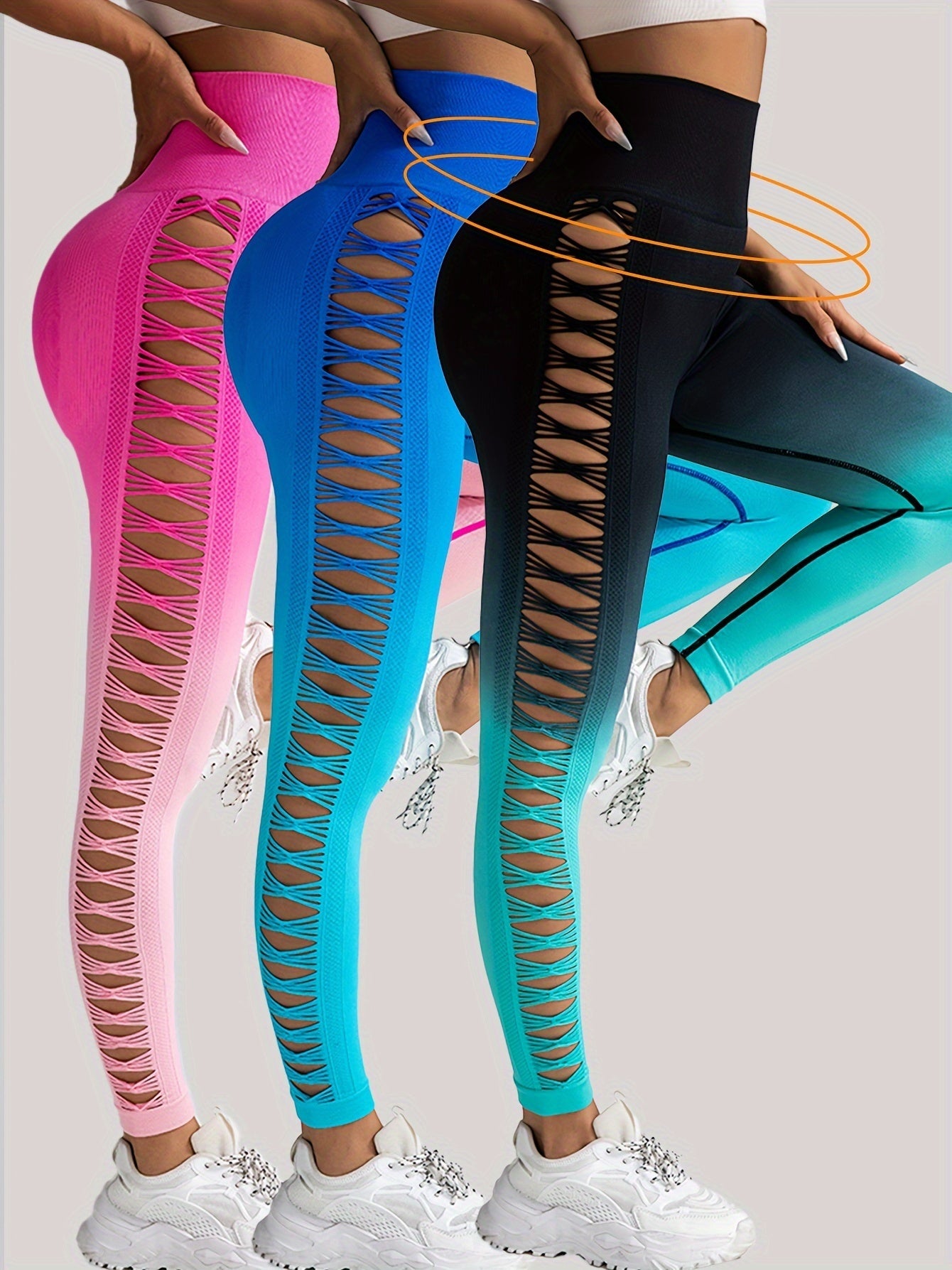 3 Pack Women's Gradient Color Butterfly Hollow High Waist Butt Lifting Long Fitness Pants