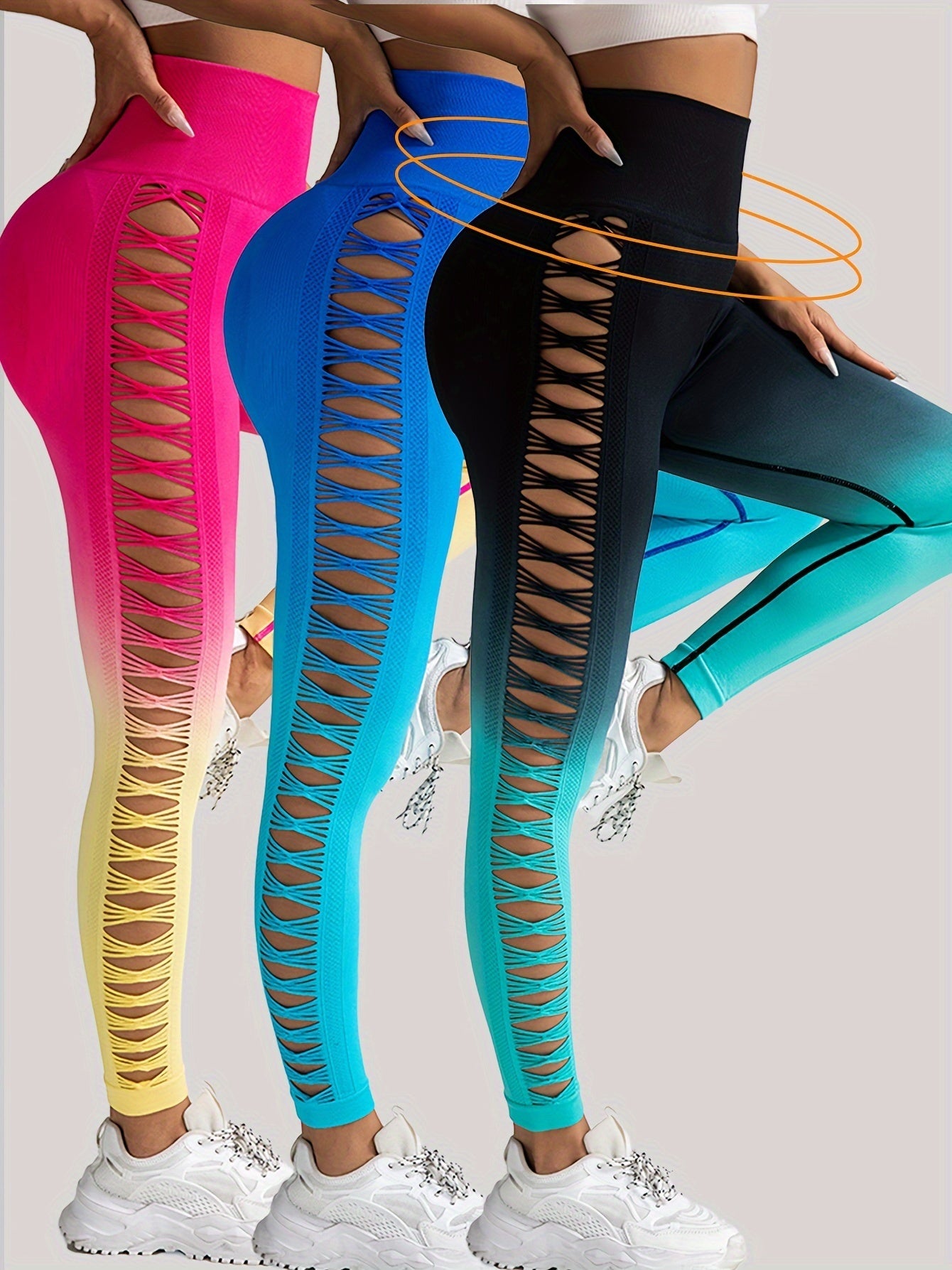 3 Pack Women's Gradient Color Butterfly Hollow High Waist Butt Lifting Long Fitness Pants