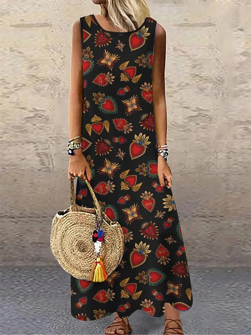 Holidaya Ladies Summer Floral Print Round Neck Sleeveless Dress For Casual Or Vacation