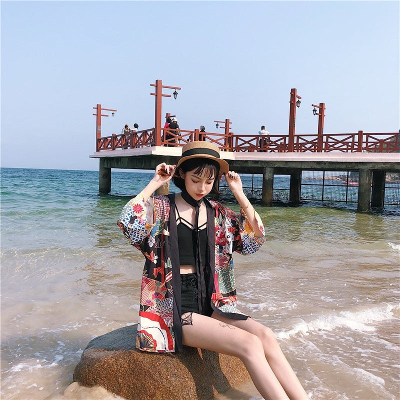 Loose Street Sun Protection Clothing Middle Sleeve Graffiti Kimono Travel Thin Coat