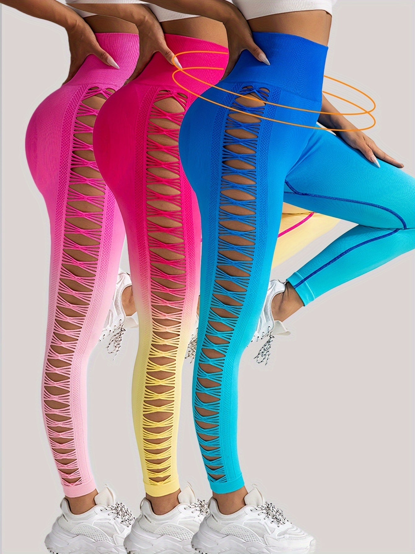 3 Pack Women's Gradient Color Butterfly Hollow High Waist Butt Lifting Long Fitness Pants