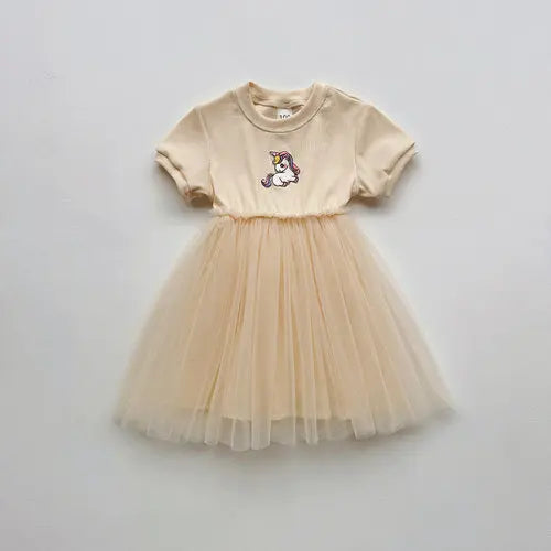 Summer Baby Kids Girls Short-Sleeved Cartoon Unicorn Pattern Mesh