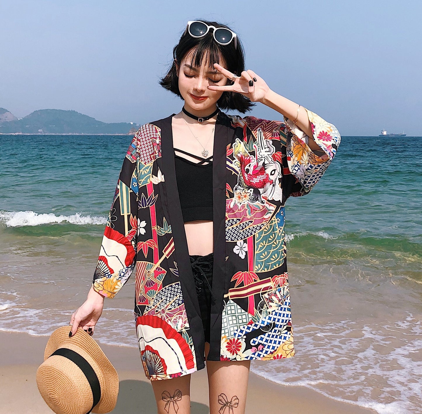 Loose Street Sun Protection Clothing Middle Sleeve Graffiti Kimono Travel Thin Coat