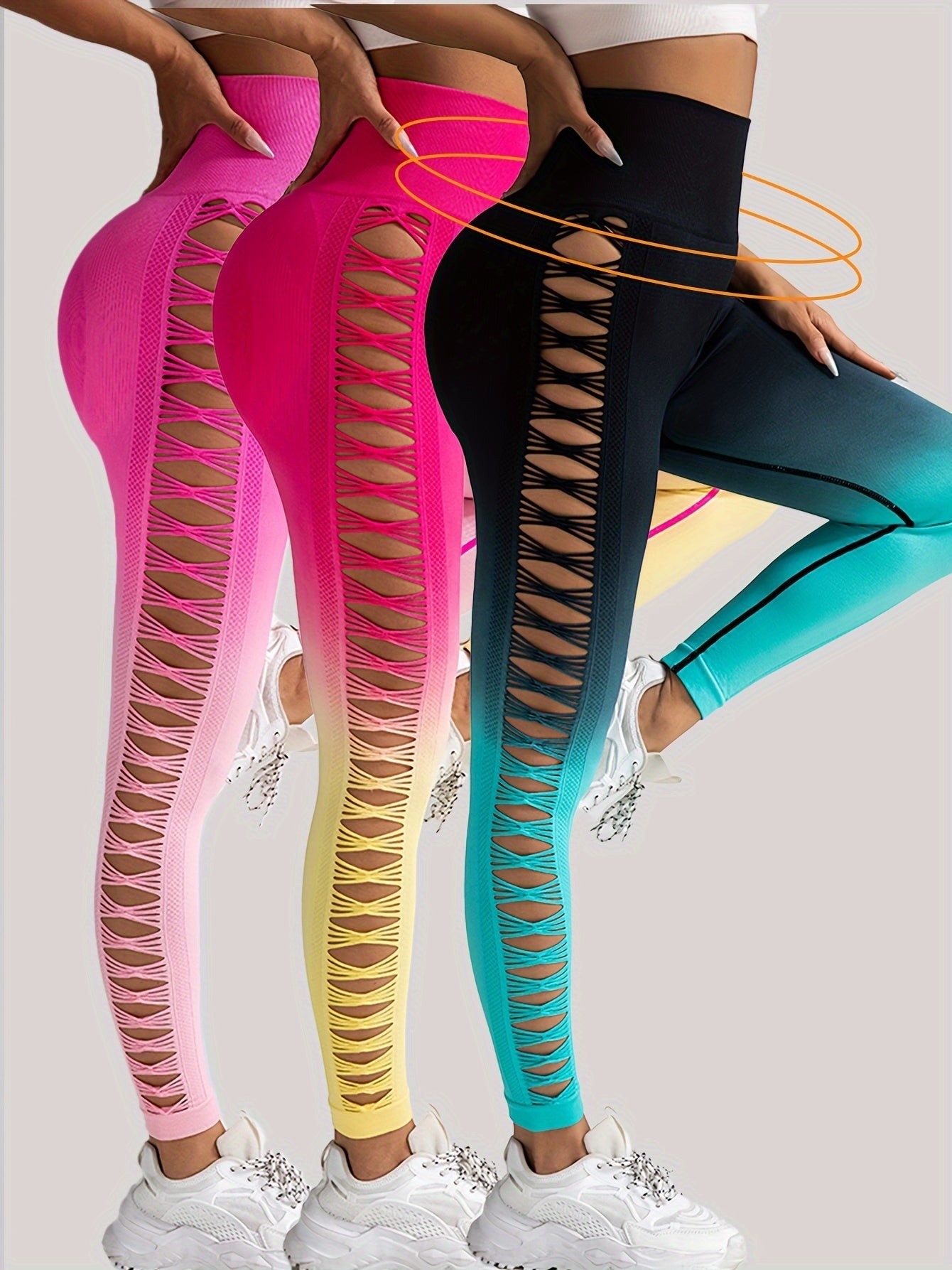 3 Pack Women's Gradient Color Butterfly Hollow High Waist Butt Lifting Long Fitness Pants