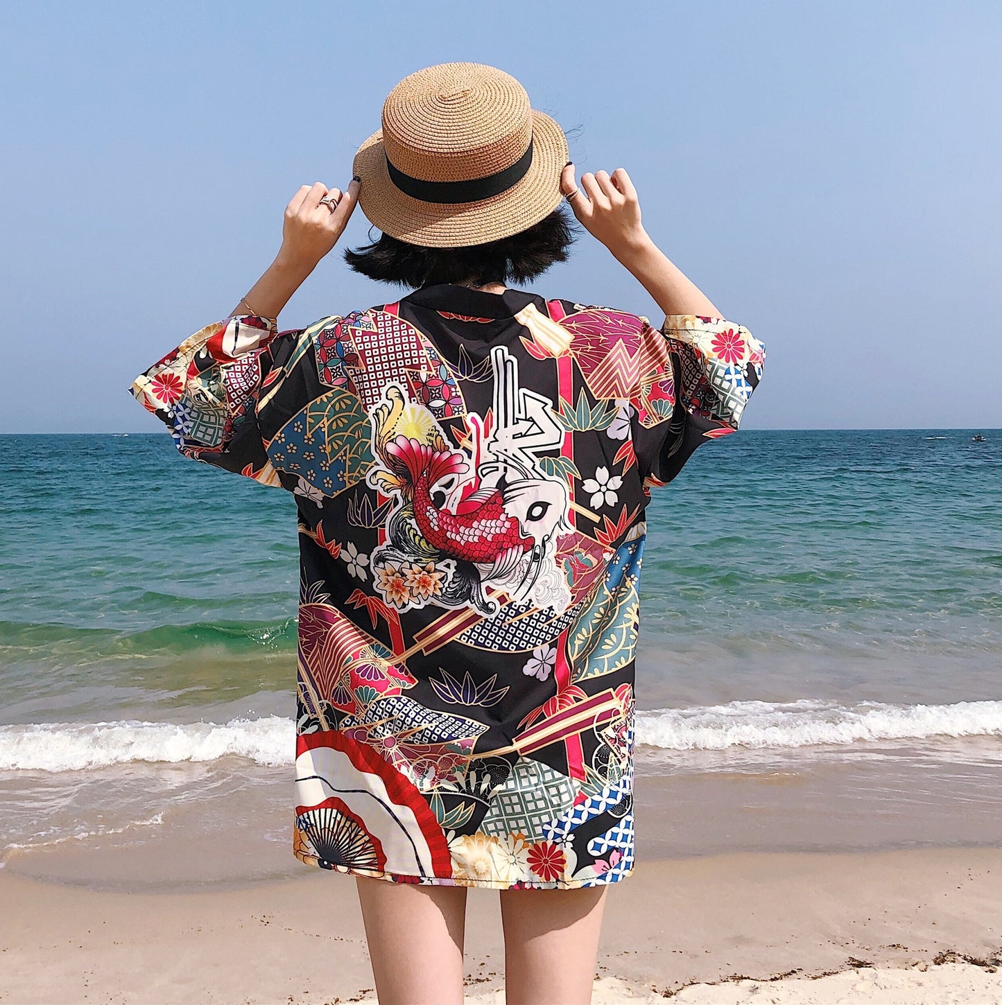Loose Street Sun Protection Clothing Middle Sleeve Graffiti Kimono Travel Thin Coat
