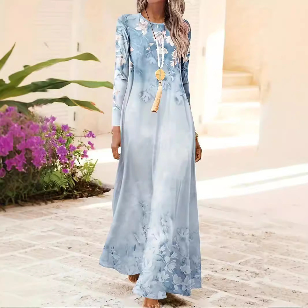 European And American Long Sleeve Artistic Retro Geometric Printed Round Neck Pullover Dress