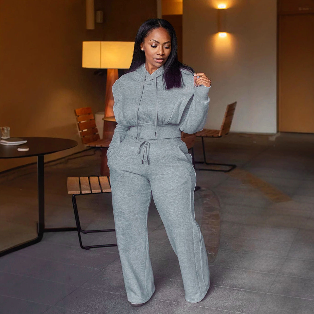European And American Hooded Sweater Wide Leg Two-piece Set