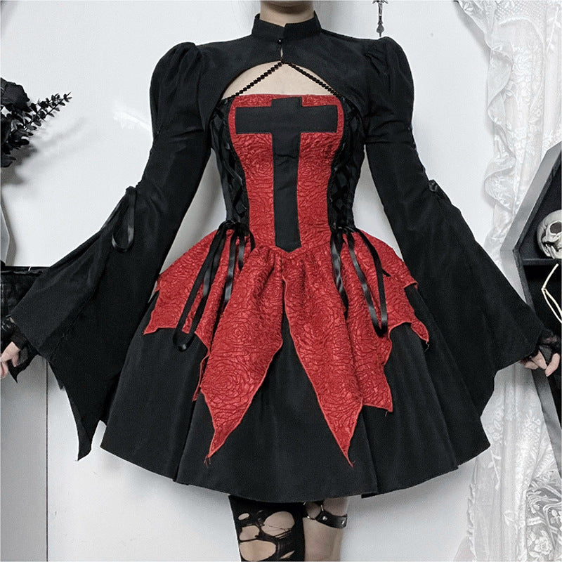 Dress Women's Retro Beautiful Red Patch Cross Print Lace Tight Dress