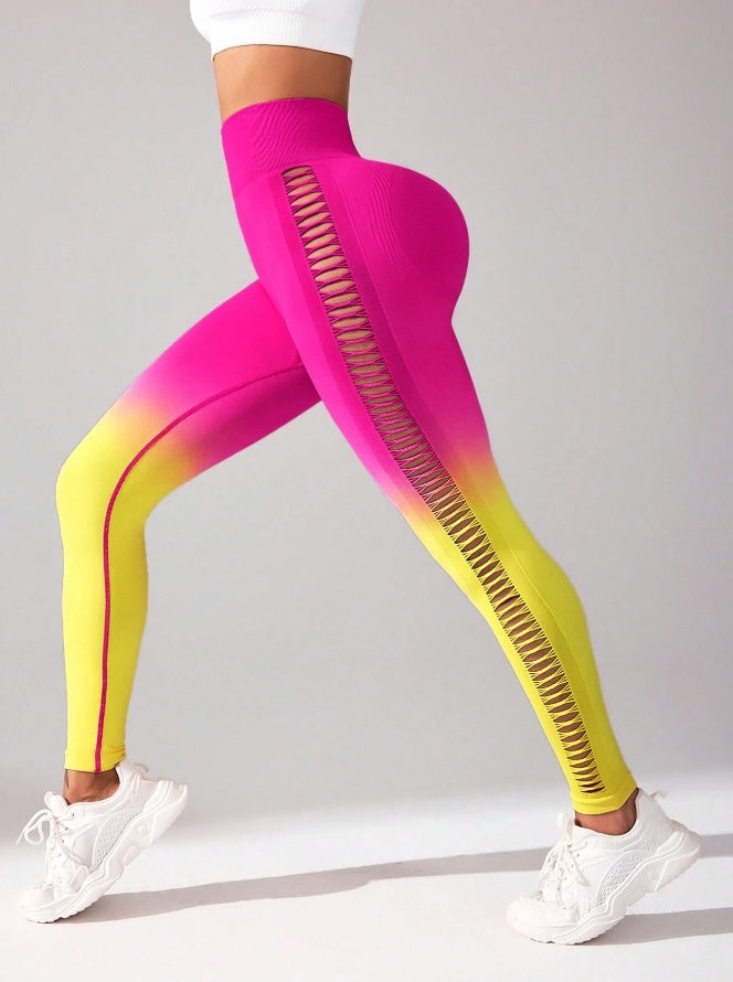 3 Pack Women's Gradient Color Butterfly Hollow High Waist Butt Lifting Long Fitness Pants