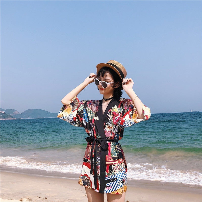 Loose Street Sun Protection Clothing Middle Sleeve Graffiti Kimono Travel Thin Coat