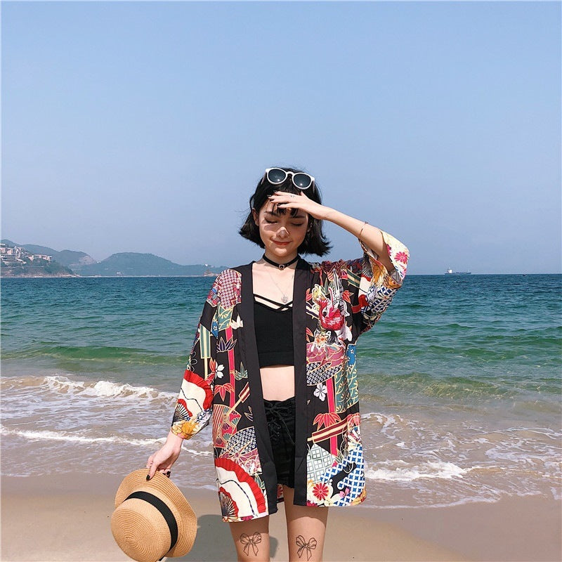 Loose Street Sun Protection Clothing Middle Sleeve Graffiti Kimono Travel Thin Coat