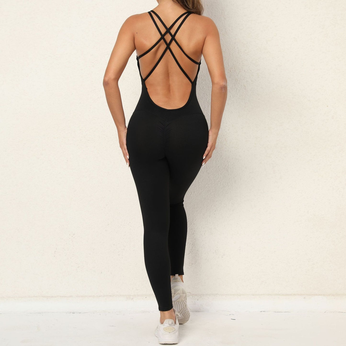 Yoga Jumpsuit With Cross-strap Back Design Quick-drying Tight-fitting Running Sports Fitness Pants