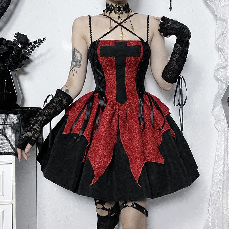 Dress Women's Retro Beautiful Red Patch Cross Print Lace Tight Dress