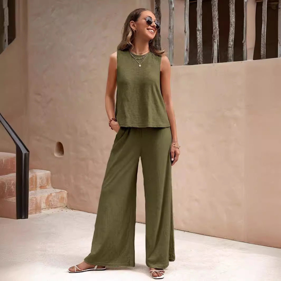 Summer Solid Color Casual Loose Pants & Suit Two Pieces Sets For Women