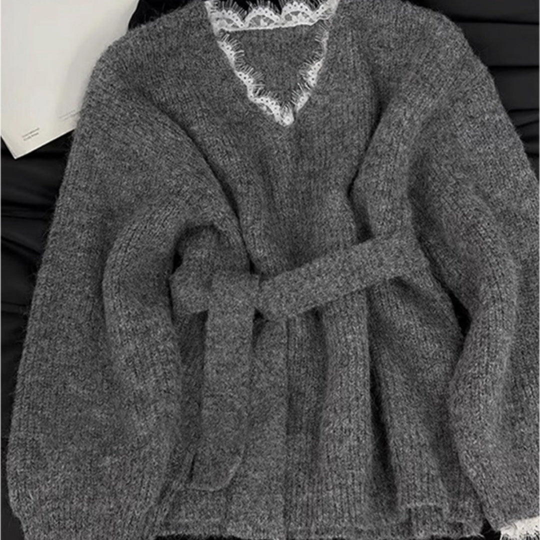 Patchwork Fake Two Pieces Pullover Gray Top