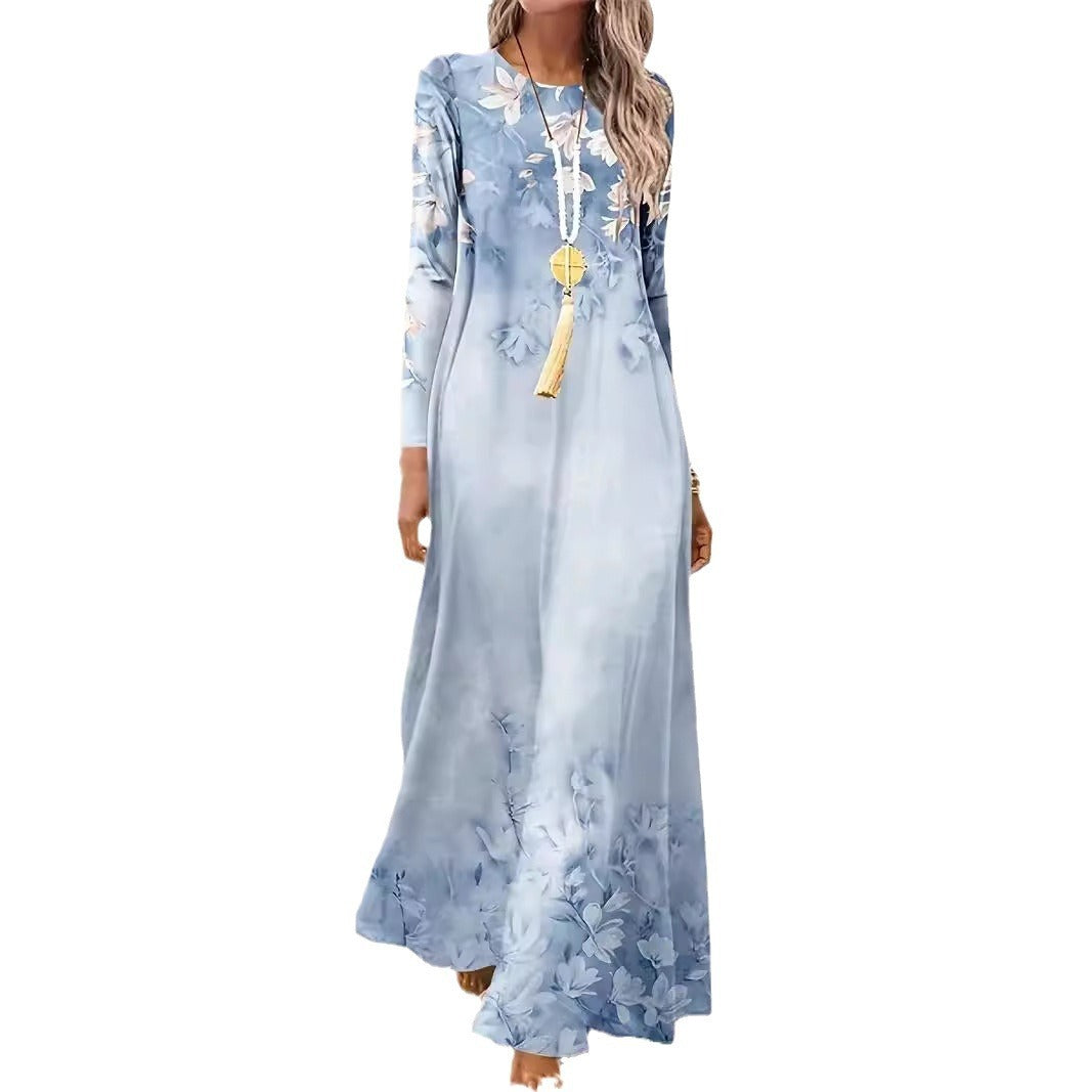 European And American Long Sleeve Artistic Retro Geometric Printed Round Neck Pullover Dress