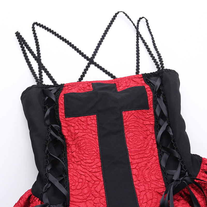 Dress Women's Retro Beautiful Red Patch Cross Print Lace Tight Dress
