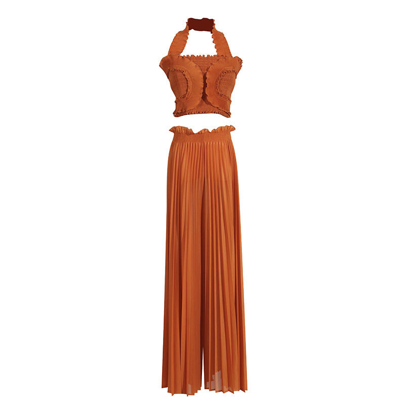 Design Tube Top High Waist Pleated Wide-leg Trousers