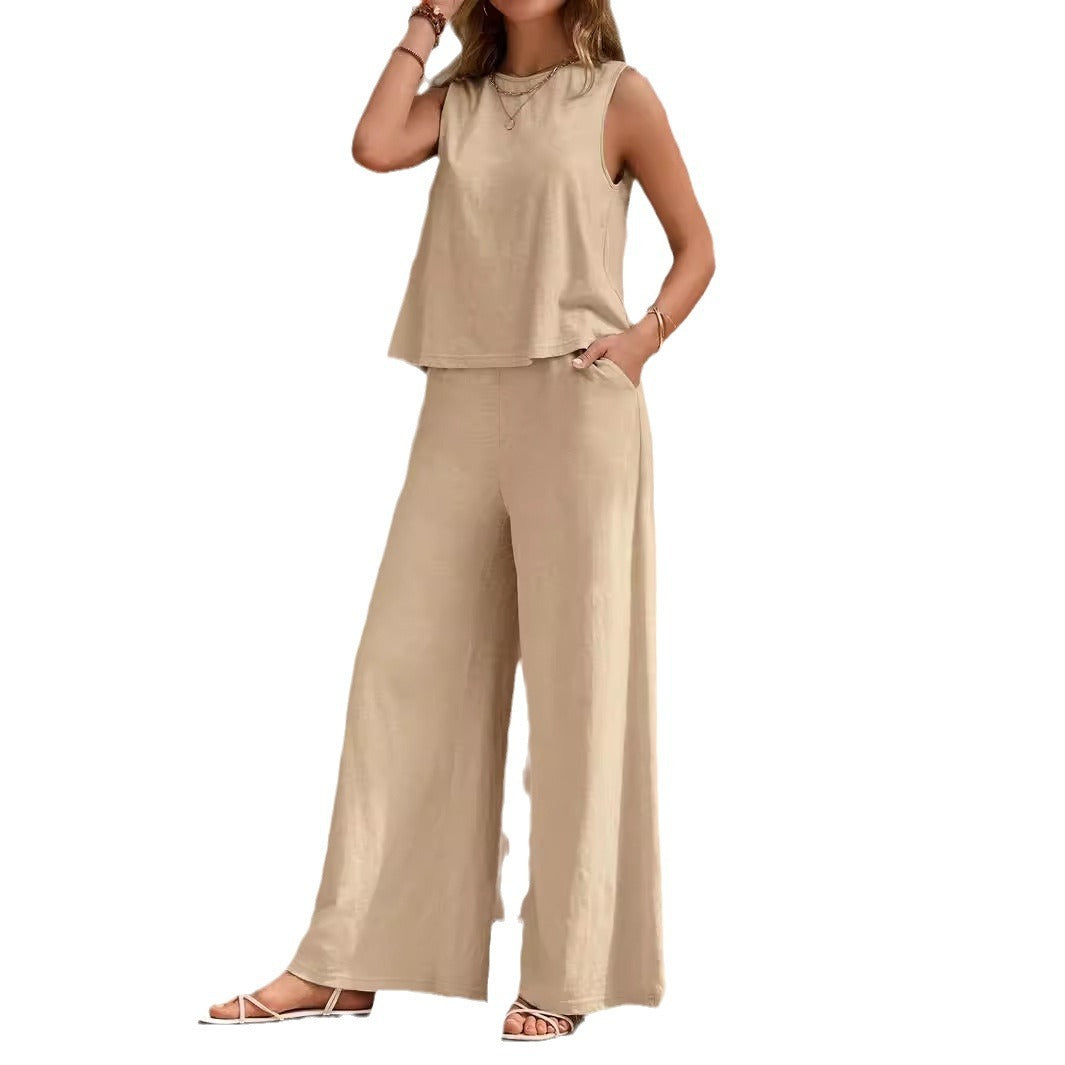 Summer Solid Color Casual Loose Pants & Suit Two Pieces Sets For Women
