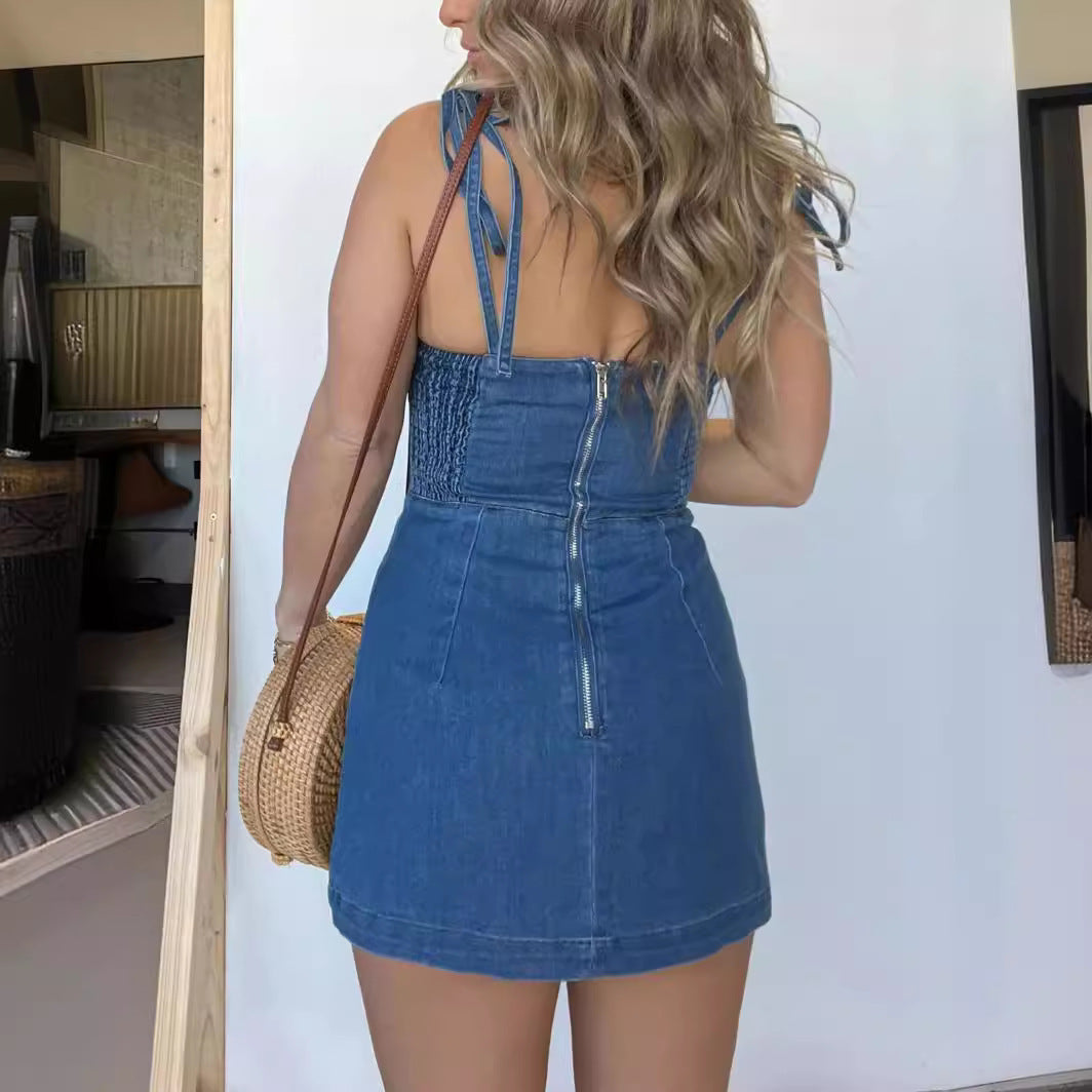 Square Neck Split Denim Dress With Back Zipper Design - Zenzi Style