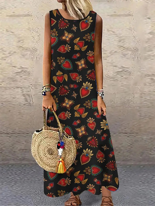 Holidaya Ladies Summer Floral Print Round Neck Sleeveless Dress For Casual Or Vacation