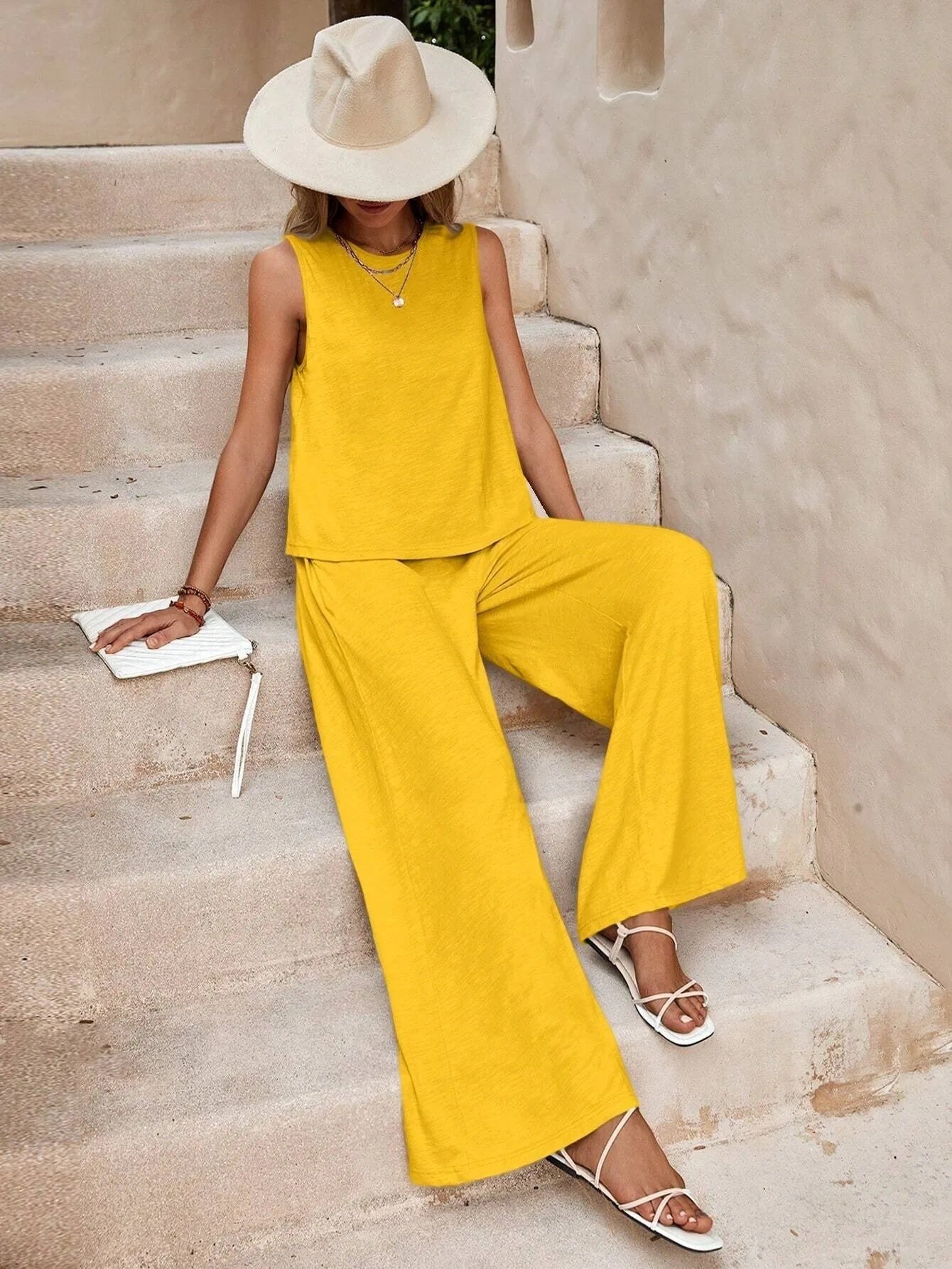 Summer Solid Color Casual Loose Pants & Suit Two Pieces Sets For Women