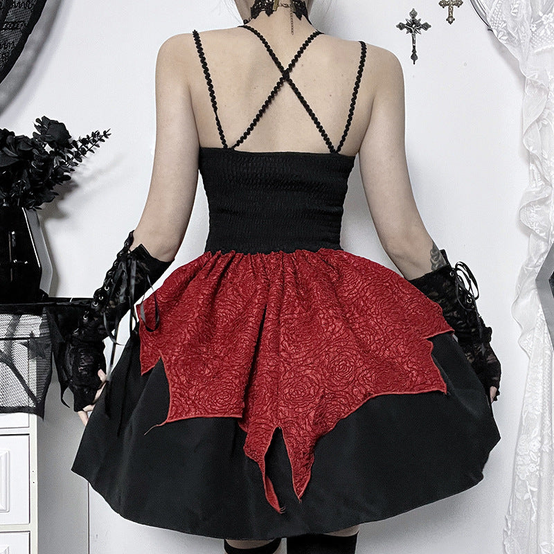 Dress Women's Retro Beautiful Red Patch Cross Print Lace Tight Dress