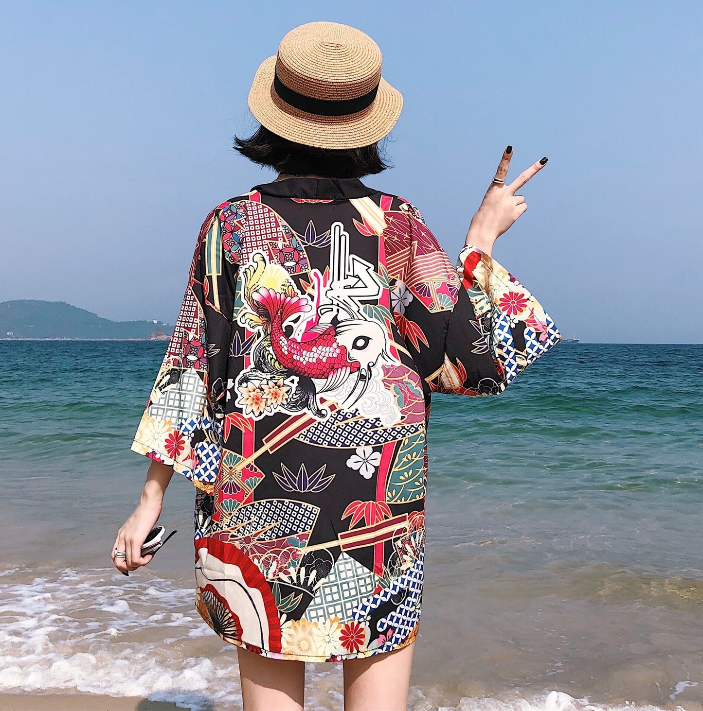 Loose Street Sun Protection Clothing Middle Sleeve Graffiti Kimono Travel Thin Coat