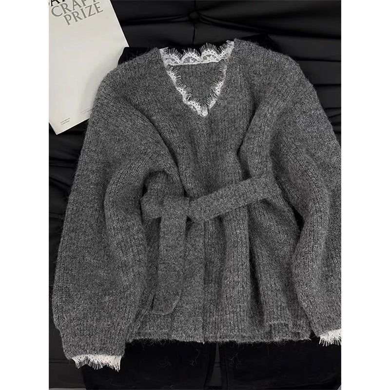 Patchwork Fake Two Pieces Pullover Gray Top