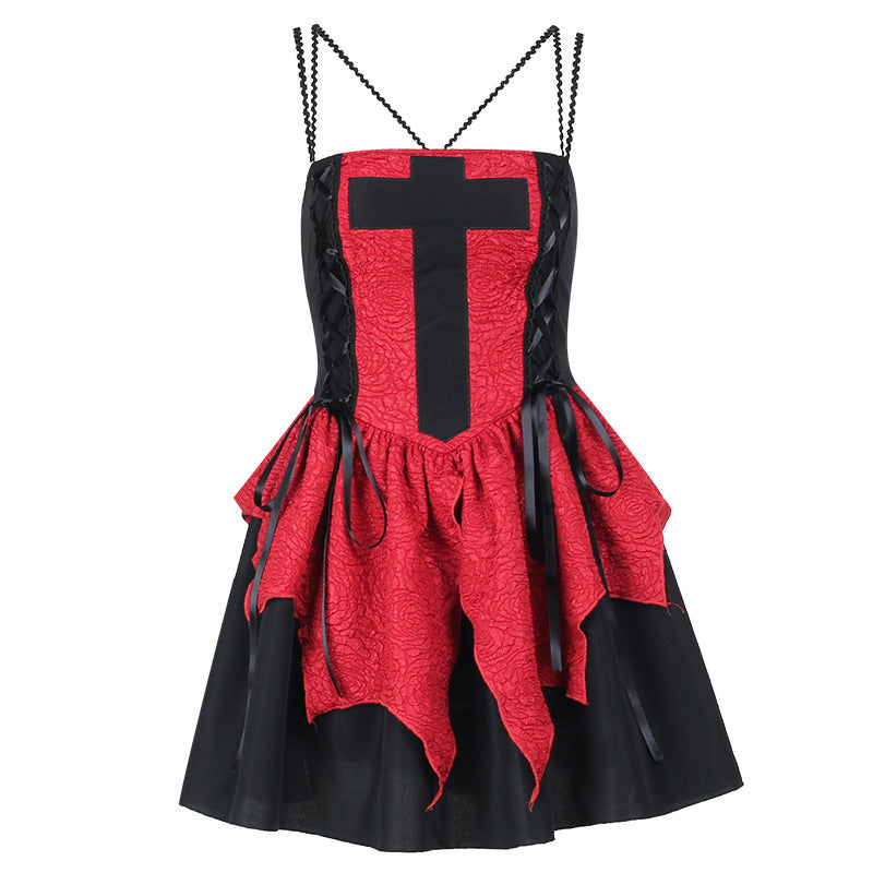 Dress Women's Retro Beautiful Red Patch Cross Print Lace Tight Dress