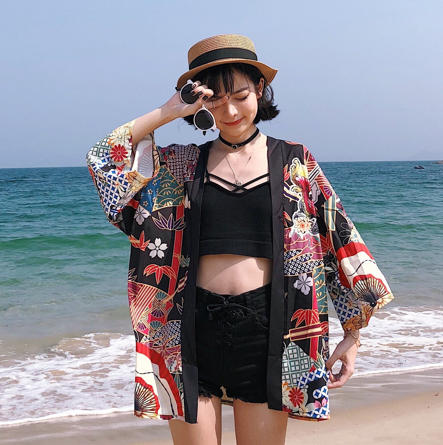 Loose Street Sun Protection Clothing Middle Sleeve Graffiti Kimono Travel Thin Coat