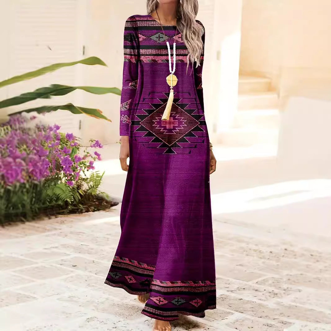 European And American Long Sleeve Artistic Retro Geometric Printed Round Neck Pullover Dress