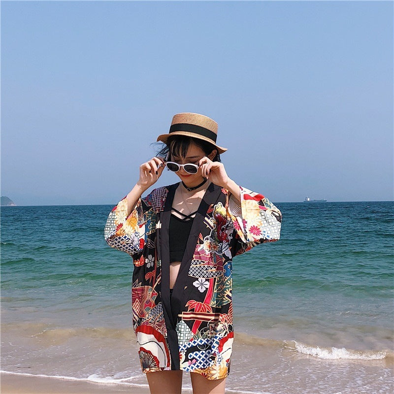 Loose Street Sun Protection Clothing Middle Sleeve Graffiti Kimono Travel Thin Coat