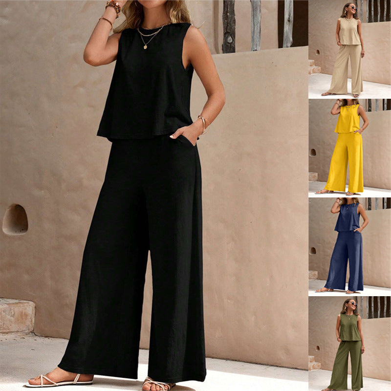 Summer Solid Color Casual Loose Pants & Suit Two Pieces Sets For Women
