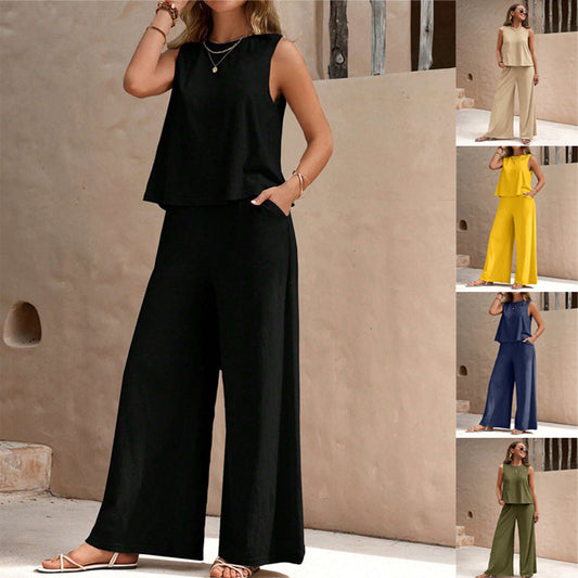 Summer Solid Color Casual Loose Pants & Suit Two Pieces Sets For Women