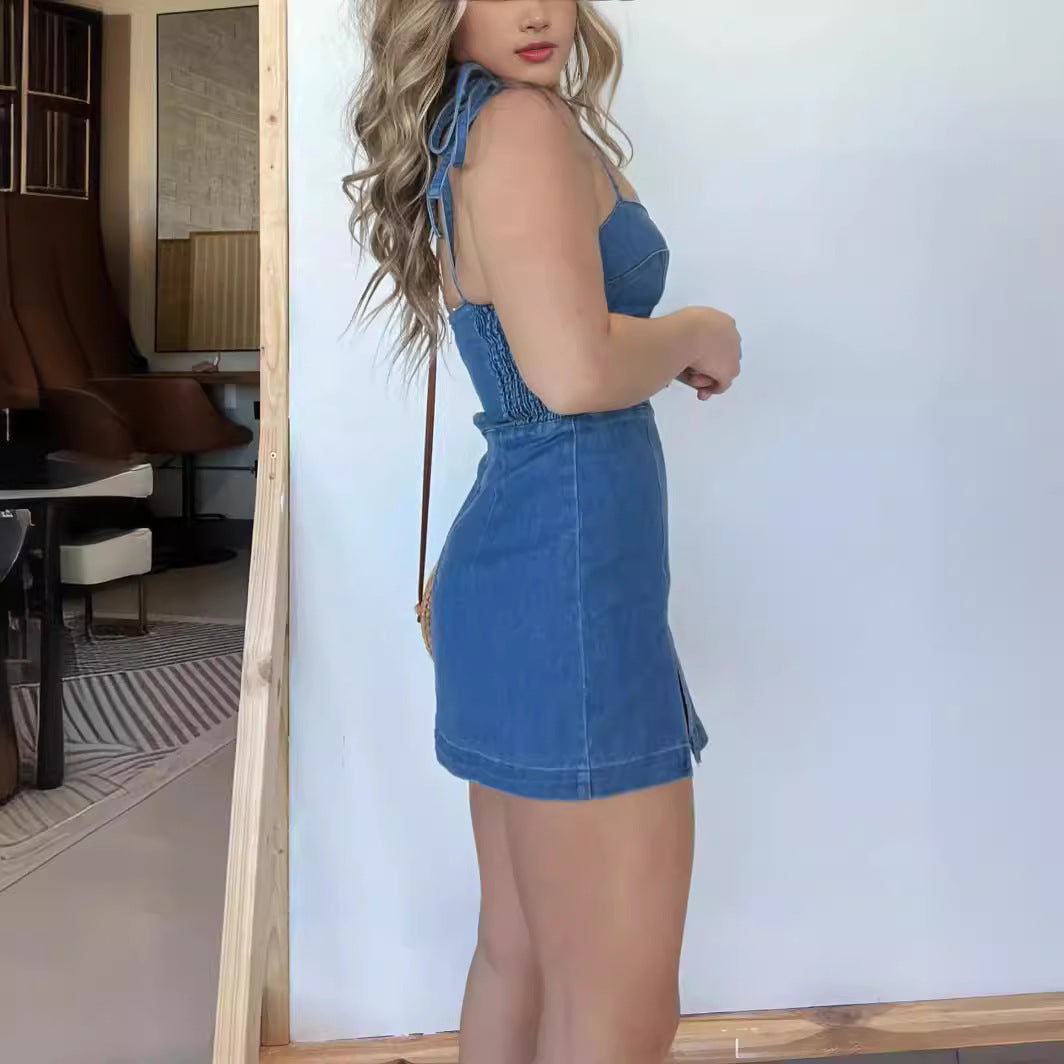 Square Neck Split Denim Dress With Back Zipper Design - Zenzi Style