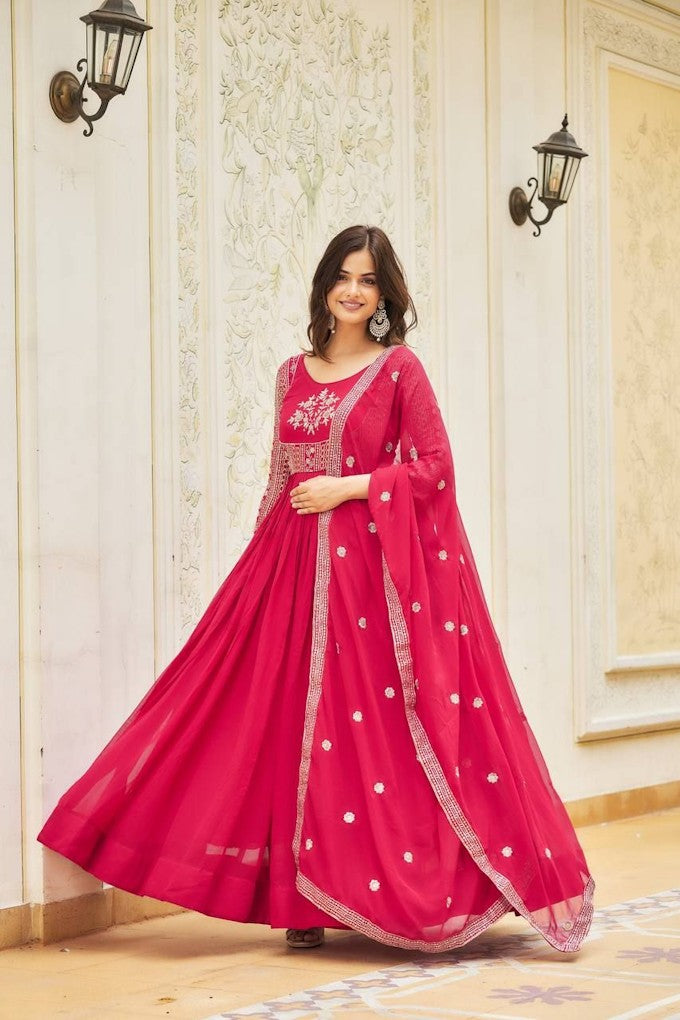 Women Semi-Stitched Long Gown Dress Color Pink