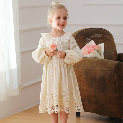 Spring and Autumn Solid Color Long-sleeved Dress with Lace Collar for