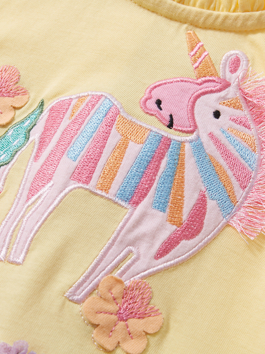 Arrival Summer Girls Unicorn Pattern Crew Neck Short Sleeves Tulle