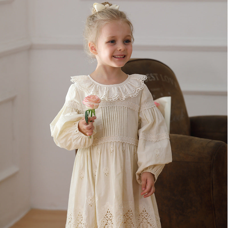 Spring and Autumn Solid Color Long-sleeved Dress with Lace Collar for