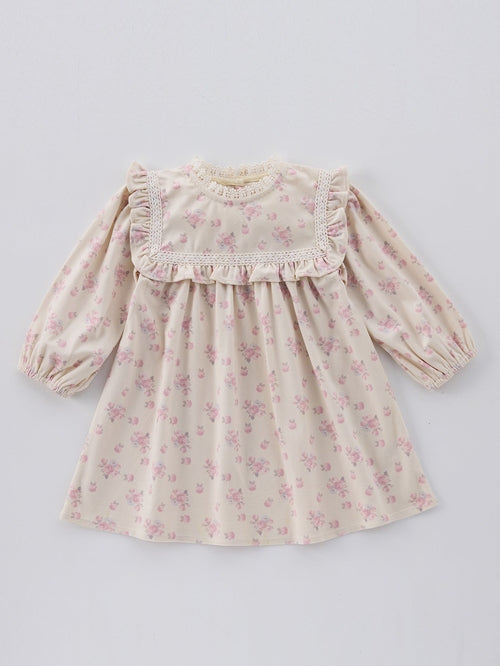 Spring and Autumn Floral Print Long-sleeved Dress with Lace Collar for