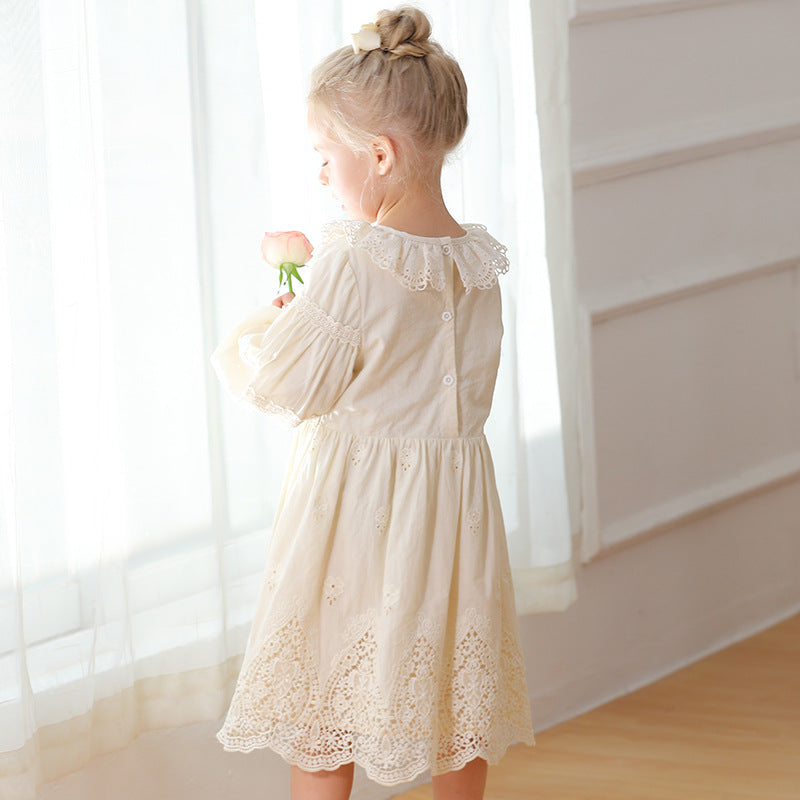 Spring and Autumn Solid Color Long-sleeved Dress with Lace Collar for