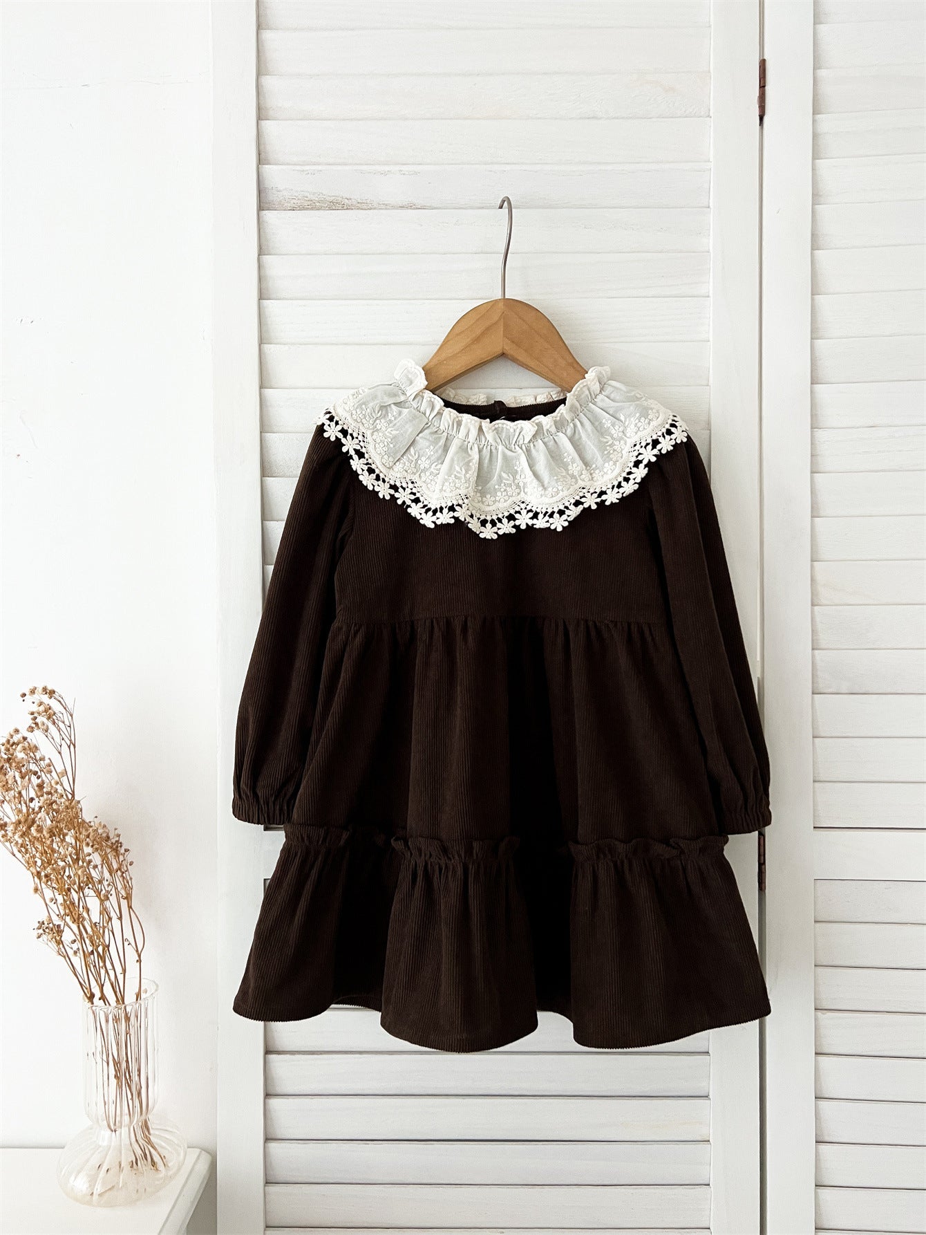 Spring and Autumn Corduroy Long-sleeved Dress with Lace Collar for