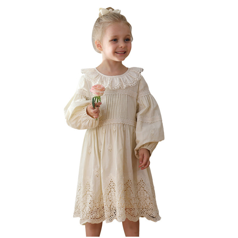 Spring and Autumn Solid Color Long-sleeved Dress with Lace Collar for