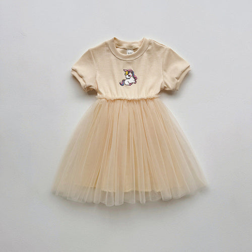 Summer Baby Kids Girls Short-Sleeved Cartoon Unicorn Pattern Mesh