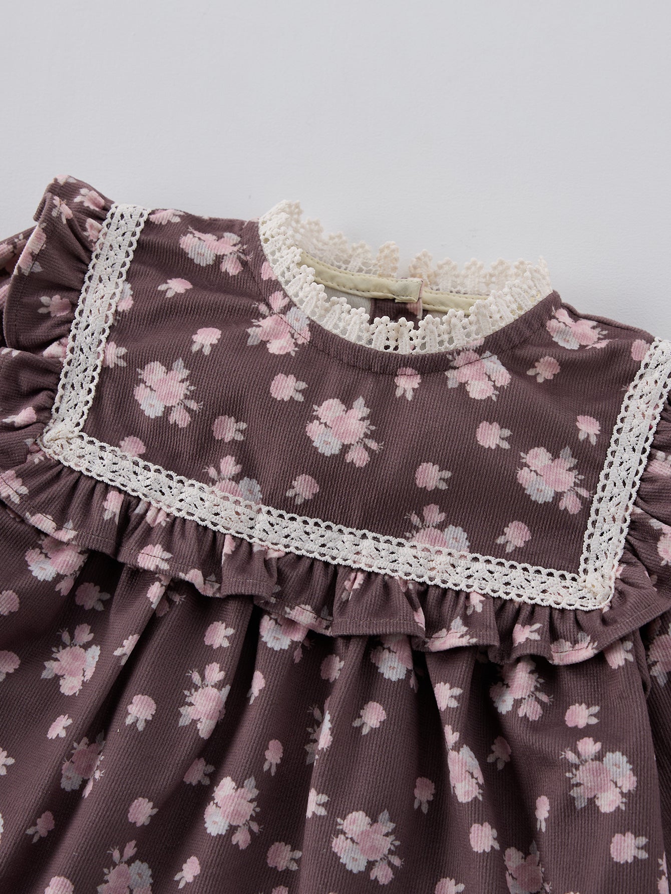 Spring and Autumn Floral Print Long-sleeved Dress with Lace Collar for
