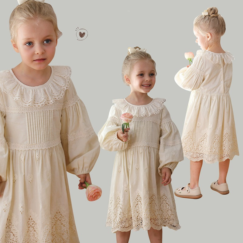Spring and Autumn Solid Color Long-sleeved Dress with Lace Collar for