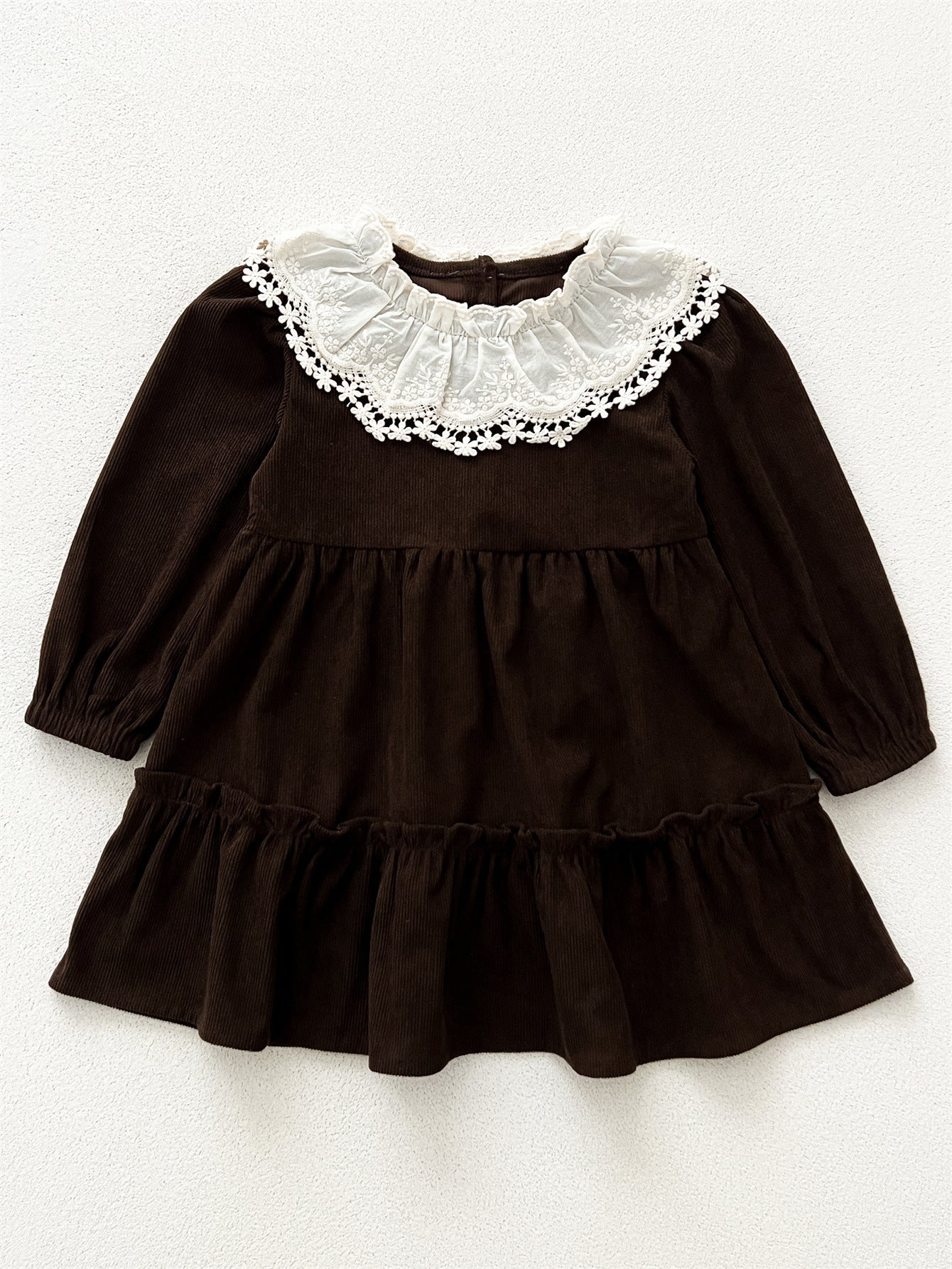Spring and Autumn Corduroy Long-sleeved Dress with Lace Collar for